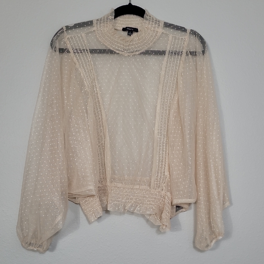 Blashe Sheer Lace Puff Sleeve Top Size L Cream Ivory Cottage Feminine Polka Dot